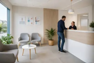 Cabinet médical moderne avec une salle d’attente lumineuse, une secrétaire au comptoir et un patient discutant avec elle dans une ambiance professionnelle.