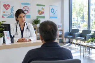 Médecin en blouse parlant calmement à un patient dans une salle d’attente lumineuse et ordonnée, ambiance sécurisante et professionnelle.