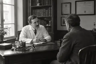 Cabinet médical des années 1920 avec un médecin de l’époque en blouse blanche, discutant face à face avec un patient, lumière douce, instruments médicaux d’époque sur le bureau, ambiance sérieuse et intimiste.