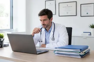 Médecin en blouse blanche travaillant seul à son bureau, concentré devant son ordinateur dans un cabinet moderne et lumineux.